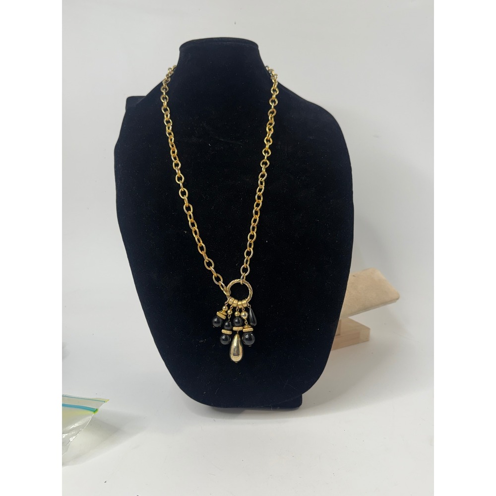 Vintage Gold Tone Chunky Cable Chain Necklace Black Bead Teardrop Cluster 15.5in